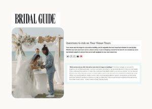 Excerpt photo of feature of Bridal Guides, wedding couple kissing on beach, Dee Kay Events Featured in Bridal Guide: Questions to Ask on Your Venue Tours