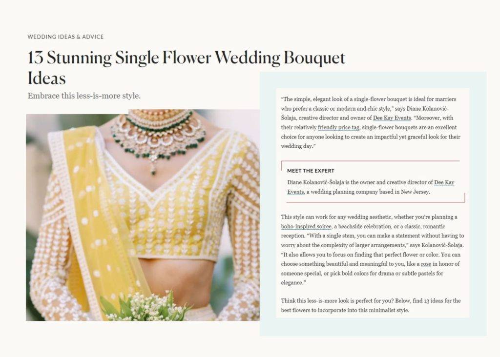 Excerpt photo of feature of Brides, Bride holding bouquet, Dee Kay Events Featured in Brides Single Flower Wedding Bouquets